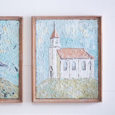 Embossed Church On A Hill Metal Wall Art