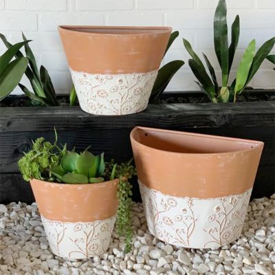 Embossed Florals Faux Terracotta Planter Set of 3