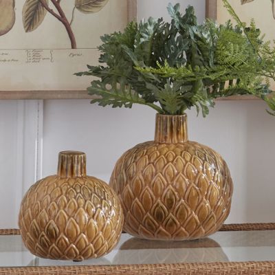 Embossed Petal Round Ceramic Vase Set of 2