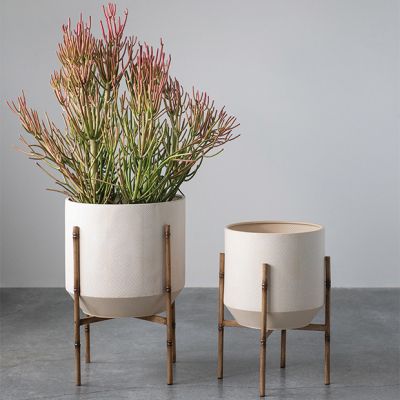 Embossed Planter on Bamboo Stand Set of 2