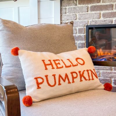Embroidered Hello Pumpkin Pillow With Pom Poms