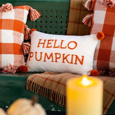 Embroidered Hello Pumpkin Pillow With Pom Poms