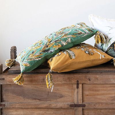 Embroidered Leaves Lumbar Pillow