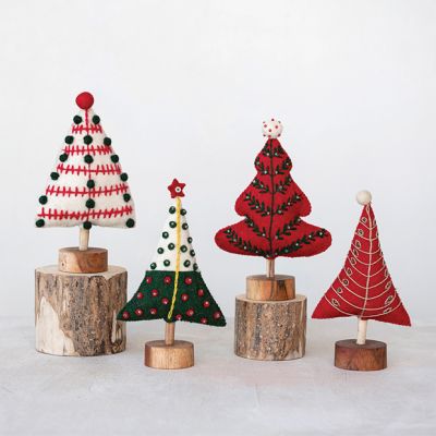 Embroidered Wool Felt Christmas Tree on Wood Base Set of 4