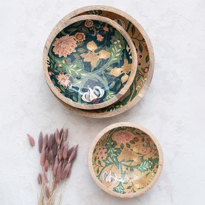 Enameled Florals Wood Bowl Set of 3