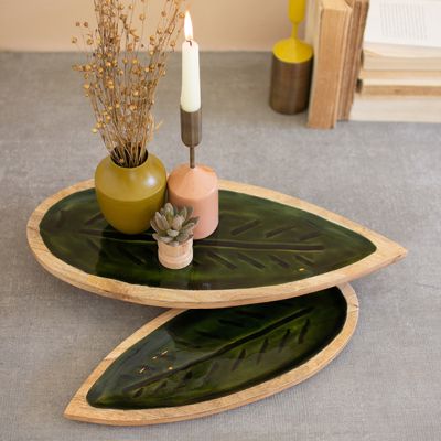 Enameled Wooden Leaf Platter Set of 2