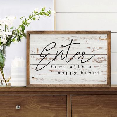 Enter Here With A Happy Heart Whitewash Framed Sign