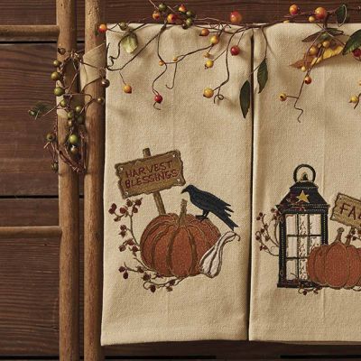 Fall Harvest Embroidered Dish Towels Crow Pumpkin