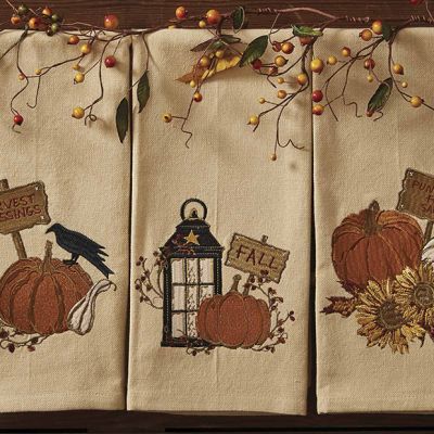 Fall Harvest Embroidered Dish Towels Lantern Pumpkin