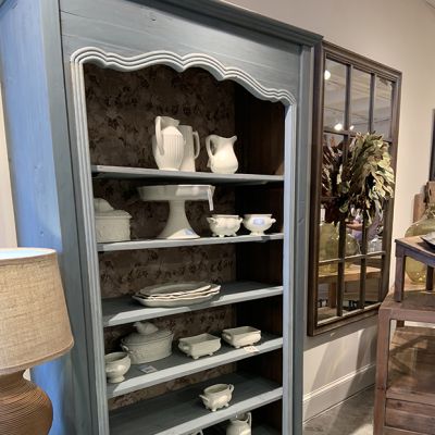 Farmhouse Painted Bookcase With Wallpaper Back
