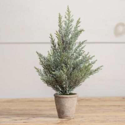 Faux Blue Spruce In Cement Pot 13 inch