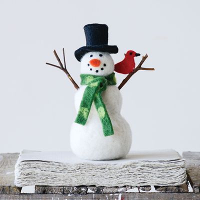 Felt Snowman With Cardinal Figurine Set of 2