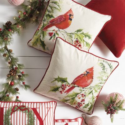 Festive Cardinal On Holly Branch Accent Pillow