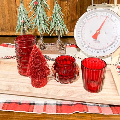 Festive Glass Votive Holders With Wood Tray