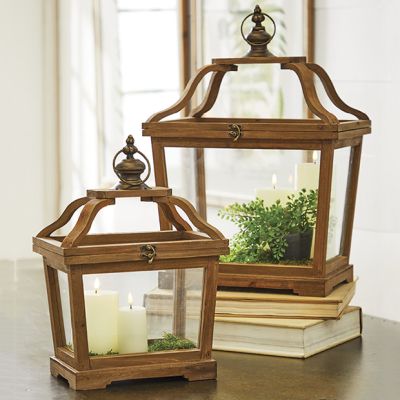 Fir Wood Framed Farmhouse Lantern Set of 2