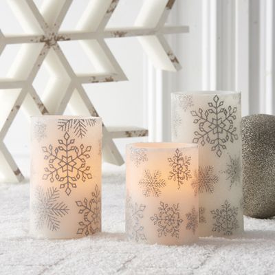 Flameless Silver Snowflake Pillar Candle Set of 3