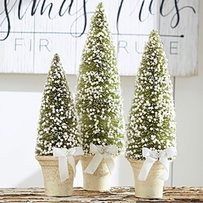 Flocked Bottlebrush Tree With Bow Set of 3