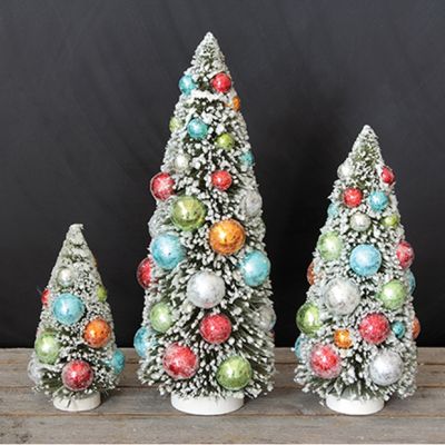 Flocked Bottlebrush Tree With Ornaments Set of 3