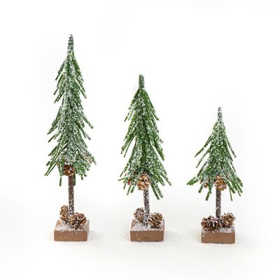 Flocked Tree With Pinecones On Base Set of 3