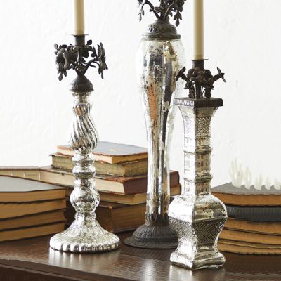 Floral Accent Mercury Glass Candlestick