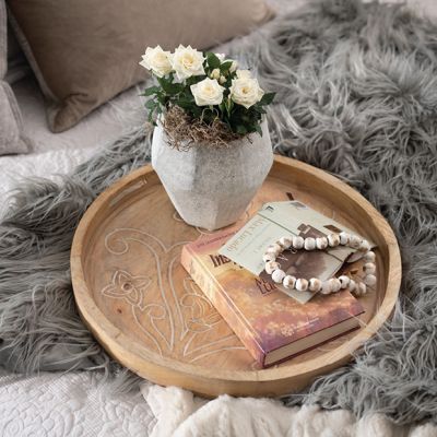 Floral Detail Round Wood Tray Set of 2