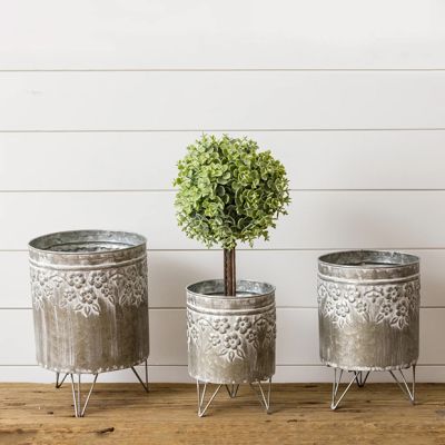 Floral Embossed Metal Planter on Stand Set of 3