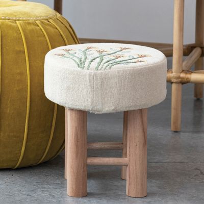 Floral Embroidered Upholstered Stool