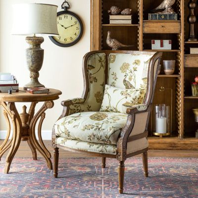 Floral Pattern Oak Frame Wing Chair