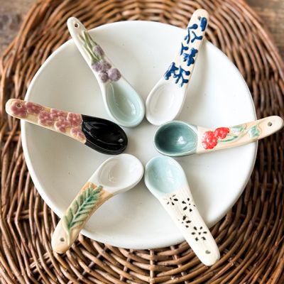 Floral Pattern Painted Stoneware Spoon Collection Set of 6