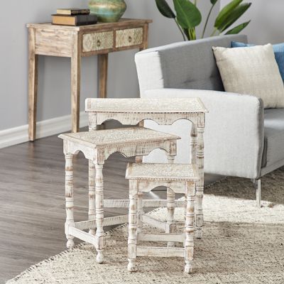 French Country Carved Wood Nesting Tables Set of 3
