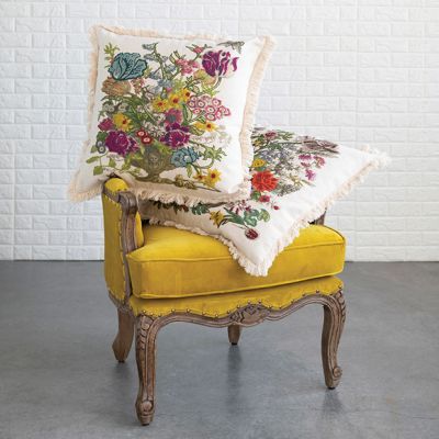 Fringed Throw Pillow With Floral Embroidery Set of 2