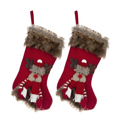 Fur Trimmed Reindeer Stocking Set of 2