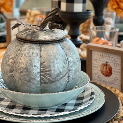 Galvanized Lidded Pumpkin With Leaves And Stem