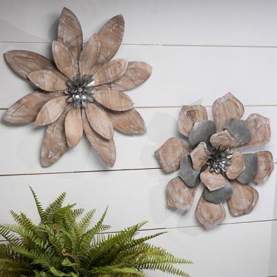 Galvanized Metal and Wood Wall Flower Set of 2
