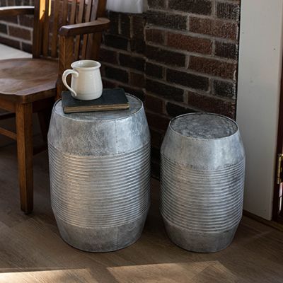 Galvanized Metal Ribbed Barrel Accent Tables Set of 2