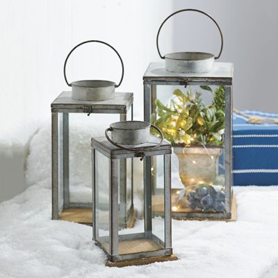 Galvanized Metal and Glass Lantern Set of 3