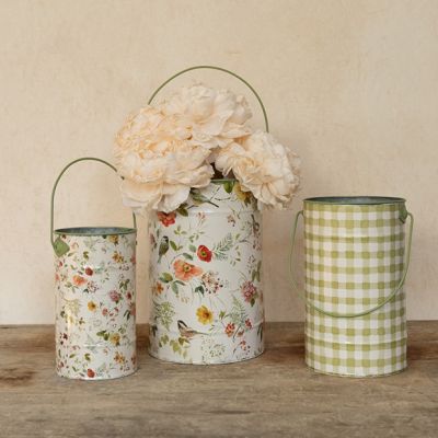 Gingham and Floral Metal Bucket Set of 3