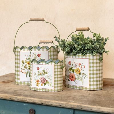 Gingham and Flowers Metal Bucket Set of 3