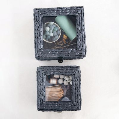 Glass and Woven Seagrass Display Box With Lid Set of 2