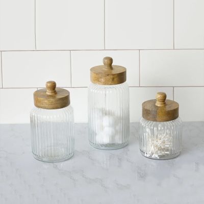 Glass Canister With Wood Knob Top Set of 3