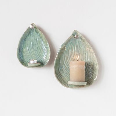 Glazed Stoneware Leaf Candle Wall Sconce