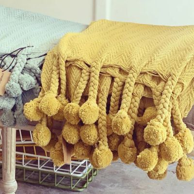 Gold Cotton Throw With Pom Pom