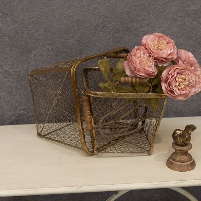 Gold Wire Basket With Wood Handles Set of 2