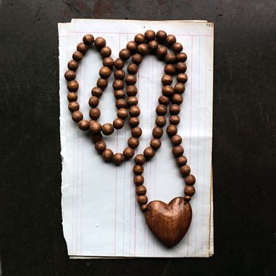 Hand Carved Wooden Bead Necklace With Heart Pendant