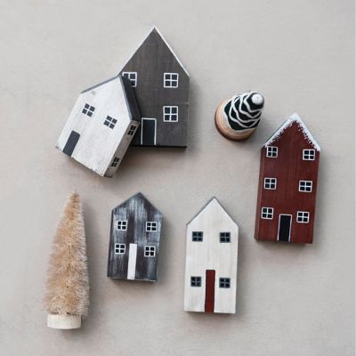 Hand Painted Wooden Village House Collection Set of 7