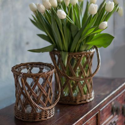 Handled Glass And Wicker Vase