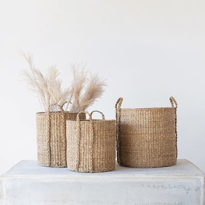 Handled Hand Woven Seagrass Storage Baskets Set of 3