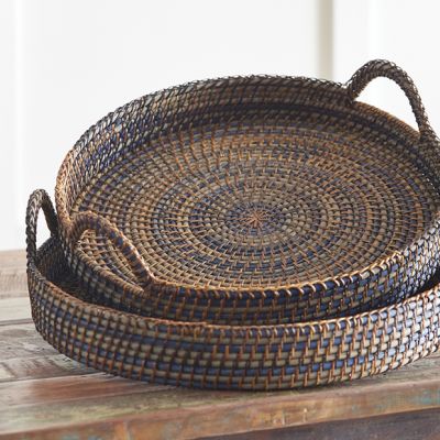 Handled Round Woven Basket Trays Set of 2