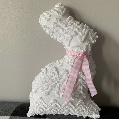 Handmade White Fabric Bunny with Pink Bow Set of 2