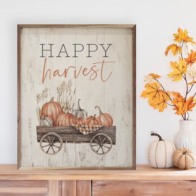 Happy Harvest Wagon Whitewash Framed Sign